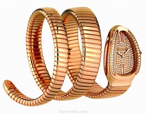 Bulgari Serpenti Tubogas, double-coil version in 18K pink gold, dial set with 190 brilliant-cut diamonds of approximately 0.3 carats, crown set with rubellite cabochon, quartz movement. Introduced in 2012. Photo: © Bulgari