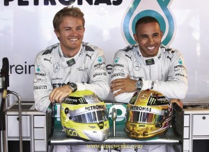 Mercedes AMG Petronas Formula One team drivers Nico Rosberg (left) and Lewis Hamilton (right) were presented with the IWC Big Pilot’s Watch to welcome them as new friends of the brand. Photo: © Photopress / IWC