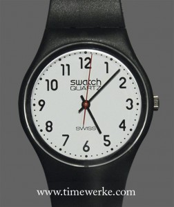 One of the first Swatch watches made in 1983 (Code: GB102). Photo: © TANG Portfolio, at BaselWorld 2013