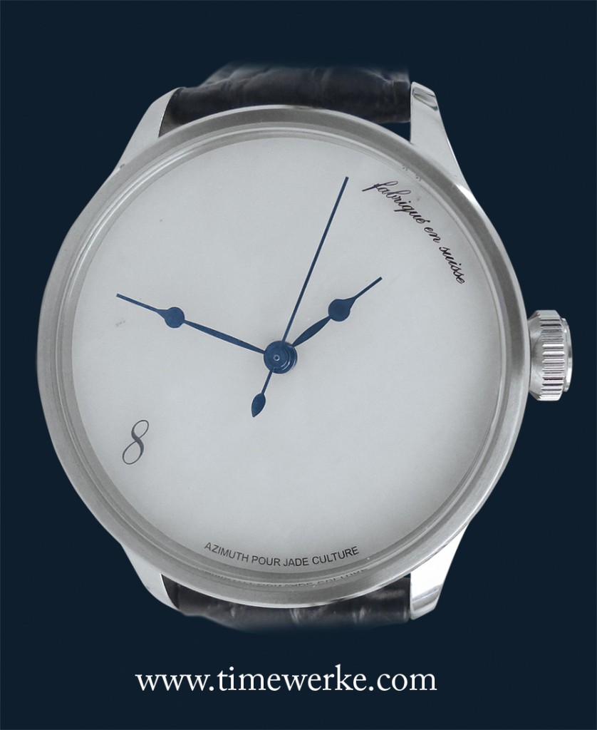 Azimuth’s Round-1 White Jade. Printed on the dial: the hour numeral eight, “fabrique en Suisse” meaning “Swiss Made” and “Azimuth pour Jade Culture” or “Azimuth for Jade Culture”. The dark stain between the nine and ten o’clock positions is a natural blemish on the stone. Estimated pricing at around US$5,600 or S$7,000. Photo: © TANG Portfolio. Photo taken with a Leica D-Lux 5