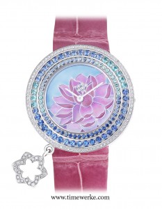 Van Cleef & Arpels Charms Extraordinaire Lotus quartz watch, introduced in 2013, featuring the champlevé enamel dial with diamonds. The bezel is set with diamonds, sapphires and Paraíba tourmalines. Limited to 22 pieces. Photo: © Van Cleef & Arpels