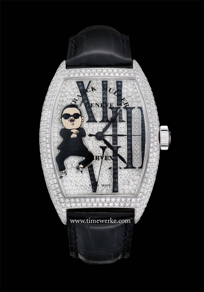 The Franck Muller Cintrée Curvex PSY watch is a one-of-a-kind and features the caricature of the gentleman himself performing his signature invisible horse-riding “Gangnam Style” dance moves on the dial complete with sunglasses and his black-and-white Oxfords while not forgetting diamonds totalling 6.97 carats on the case and dial. Photo: © Franck Muller