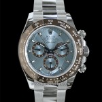 The 2013 Rolex Cosmograph Daytona (Reference: case: 116506, bracelet: 78596) is in a platinum case for the first time. Its ice blue dial is complemented by the chestnut brown Cerachrom bezel in ceramic. Photo: © TANG Portfolio. Taken at BaselWorld 2013.