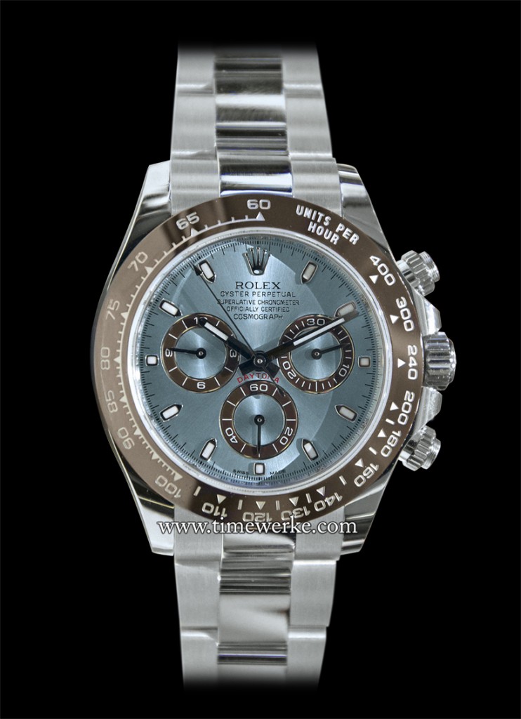 The Rolex Cosmograph Daytona of 2013 is in a platinum case for the first time (Reference: case: 116506, bracelet: 78596). Its ice blue dial is complemented by the chestnut brown Cerachrom bezel in ceramic. Photo: © TANG Portfolio, at BaselWorld 2013.