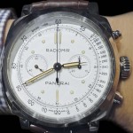 Panerai’s PAM00518 Radiomir 1940 Chronograph Platino with an ivory dial and luminous hour indexes represented by dots and bars. Housed in a 45mm platinum case, it is powered by the manual-winding Calibre OP XXV which is developed on a Minerva 13-22 base movement and has a 2.8mm thick Plexiglas crystal. Limited to 50 pieces and priced at 59,900 euros or around US$81,000 / SGD104,000 / MYR272,000. Photo: © TANG Portfolio. 2014 Salon International de la Haute Horlogerie, Geneva.