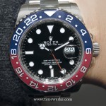 Showcased at the 2014 BaselWorld watch fair: the 40mm Rolex GMT-Master II Reference 116719 BLRO – 78209, water-resistant to 100m and powered by the Calibre 3186 automatic movement. It features the half-red, half-blue Cerachrom bezel and is in 18K white gold. Priced at CHF36,500 (Swiss francs) or around US$41,100 / SGD52,000 / MYR135,000. Photo: © TANG Portfolio. 2014 BaselWorld