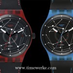 The first generation Swatch Sistem51 introduced in 2013. From left-to-right: Sistem Black (SUTB400), Sistem Red (SUTR400), Sistem Blue (SUTS401) and Sistem White (SUTW400). Each priced at CHF150 or SGD209, these historically-significant self-winding wristwatches feature 90 hours of power reserve and a date display. Note the six red dots on each dial – these are directly above the six jewels (out of a total of 19) in the ARCAP movement. Click on the image for a better view. Photo: © Swatch