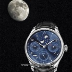 The IWC Portugieser Perpetual Calendar Ref. 503401 features a midnight blue dial, the double moon display. A new design element is the railway track style chapter ring that is inspired by the original Portugieser. The image of the actual Moon and the actual night sky with stars was taken on 28 July 2015 at around 10pm as viewed from Singapore. The Moon is in a waxing gibbous phase and is approaching its full moon phase. Image of IWC watch: © IWC. Photo of Moon: © TANG Portfolio. Elfa / Timmy. July 2015