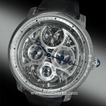 Rotonde de Cartier Grande Complication Skeleton watch. Introduced in 2015, it houses the Calibre 9406 automatic movement that comprises 578 components. The Calibre 9406 self-winding movement required 5 years of development time, 15 weeks of production time at the Cartier Manufacture, 10 weeks of decoration and finishing work and 5 weeks of assembly time. The skeleton movement is certified Poinçon de Genève and has approximately 50 hours power reserve after being fully wound. The Rotonde de Cartier Grande Complication skeleton watch features the minute repeater, flying tourbillon and perpetual calendar. Its 45mm diameter case is in 950 platinum and is 12.6mm thick. Priced at US$620,000. Photo: © TANG Portfolio. Elfa / Timmy. 2015 Salon International de la Haute Horlogerie