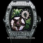 Richard Mille RM19-02 Tourbillon Fleur. Introduced in 2015, it features the flying tourbillon with automaton mechanism. The magnolia flower is between six o’clock and nine o’clock. The flying tourbillon is under five flower petals of the magnolia flower and it blooms in passing every five minutes. The flower can also bloom on demand via activation of the pusher at nine o’clock. Limited to 30 pieces. Photo: © TANG Portfolio. Elfa / Timmy. 2015 Salon International de la Haute Horlogerie.