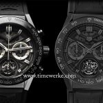 The TAG Heuer Carrera Heuer-02T chronograph with tourbillon. On the left is the regular production piece (non-limited, priced at CHF14,900 or SGD21,800) and on the right is the Black Phantom limited edition of 250 pieces, priced at CHF19,900 or SGD29,100. Photo: © TAG Heuer