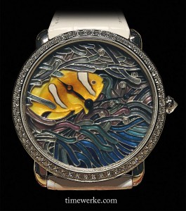 Ronde Louis Cartier XL size watch with a fish and coral motif, engraved mother-of-pearl, miniature painting and plique-à-jour enamel. Photo: © TANG Portfolio at SIHH 2013