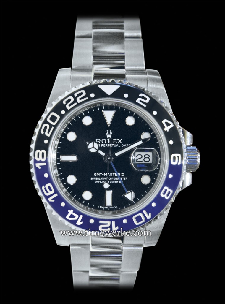 Rolex’s 2013 GMT Master II (Reference: case: 116710BLNR, bracelet: 78200) in stainless steel featuring the two colour ceramic Cerachrom bezel in blue and black. Photo: © TANG Portfolio. Taken at BaselWorld 2013.